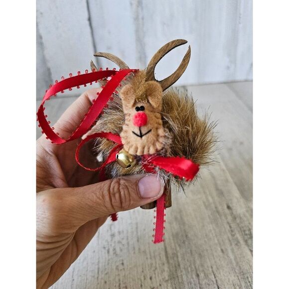 Wooden reindeer sequin beaded Santa vintage ornament Xmas set - Picture 9 of 13